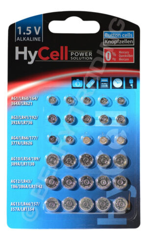 HYCELL Assorted AG1 AG3 AG4 AG10 AG12 AG13 Alkaline Coin / Button Cells (30 pieces per pack)