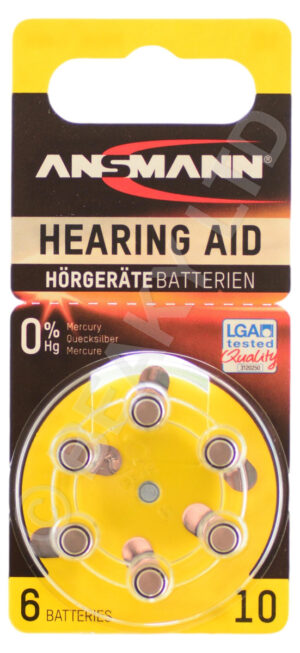 Size 10 Yellow Hearing Aid Batteries Ansmann(1 x 6 Pack)